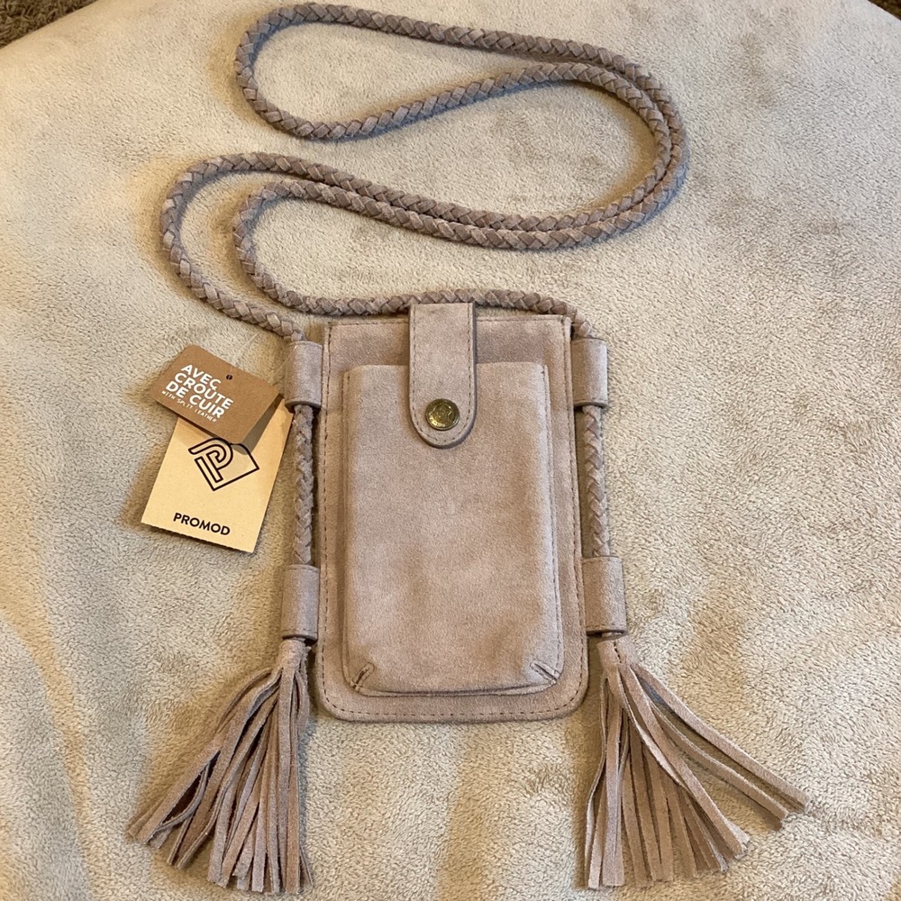 Promod Beige 100% Cowhide Suede Crossbody‎ Card/phone bag, Braided strap, fringe